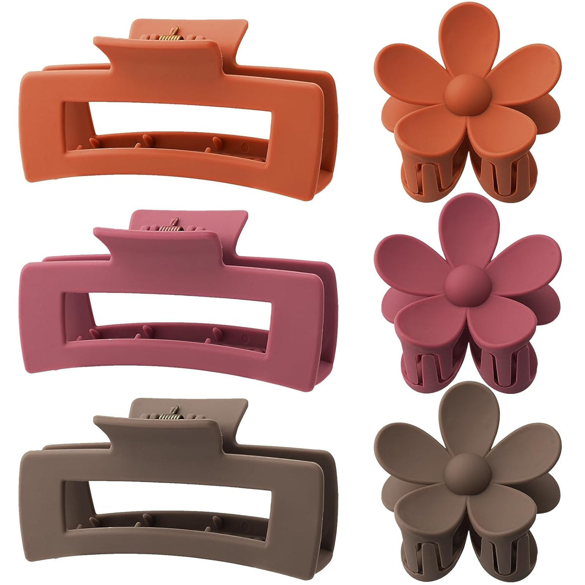 6 Pack 4.1 Inche Large Rectangle Hair Claw Clips Matte Flower Hair Clips, for Women Thin Thick Curly Hair, Cute Orange，Wine Red，Brown Hair Clips