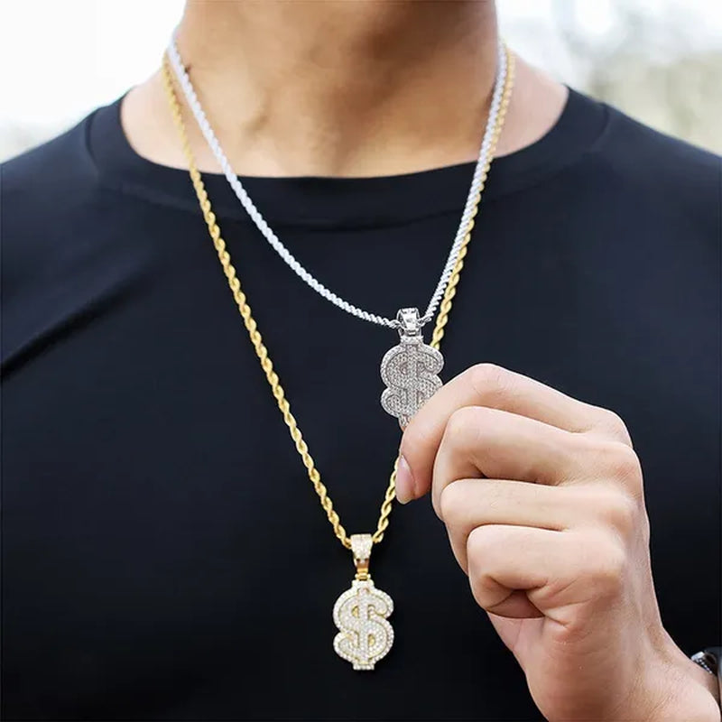 Full Diamonds Heart Shape / US Dollar Symbol Pendant with 24" Rope Chain Necklace Iced Out Brass Jewelry for Man Woman