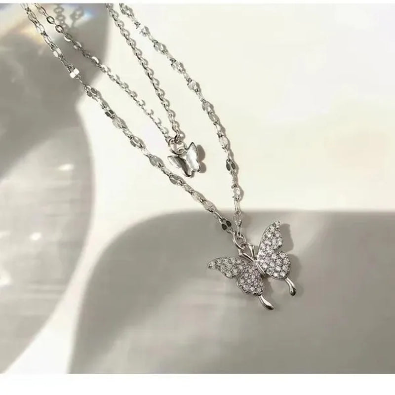 Delicate and Creative Women's Zircon Necklace Butterfly Necklace Double Layer Necklace Women's Geometric Necklace Butterfly Necklace Fashion Women's Jewelry Accessories Festival Wedding Engagement Valentine's Day Anniversary Gift Christmas Gift Jewelry