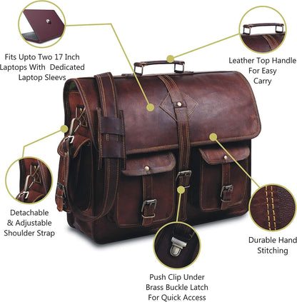 Vintage Leather Laptop Bag for Men Full Grain Large Leather Messenger Bag for Men 18 Inches with Rustic Look Brown Briefcase (Brown)