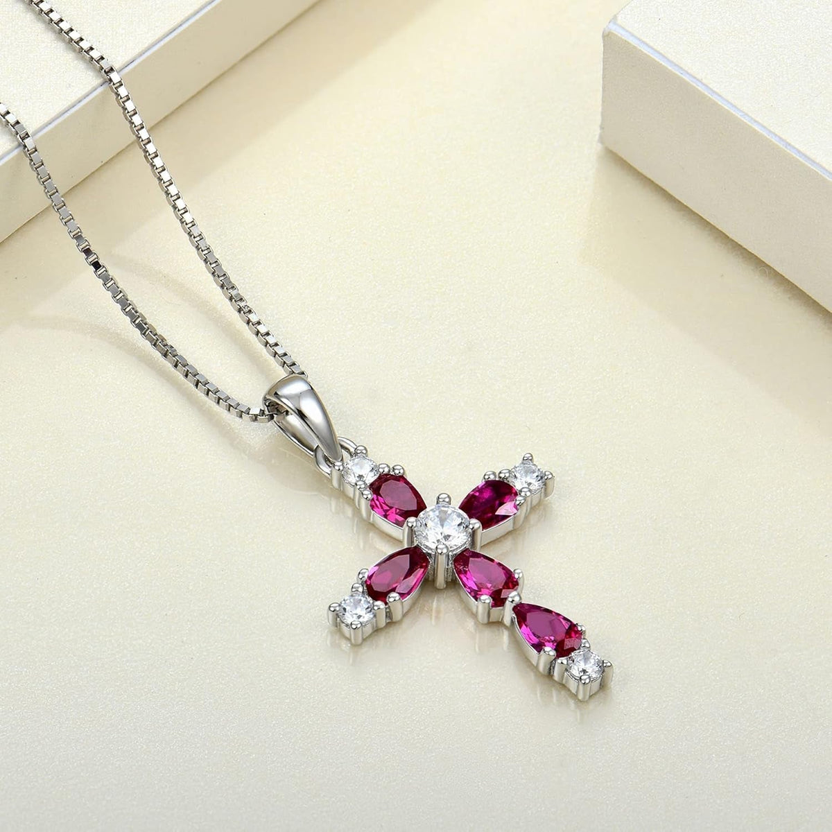Cross Necklace for Women 925 Sterling Silver Halo Gemstone Pendant Birthstone Religious Jewelry for Mom
