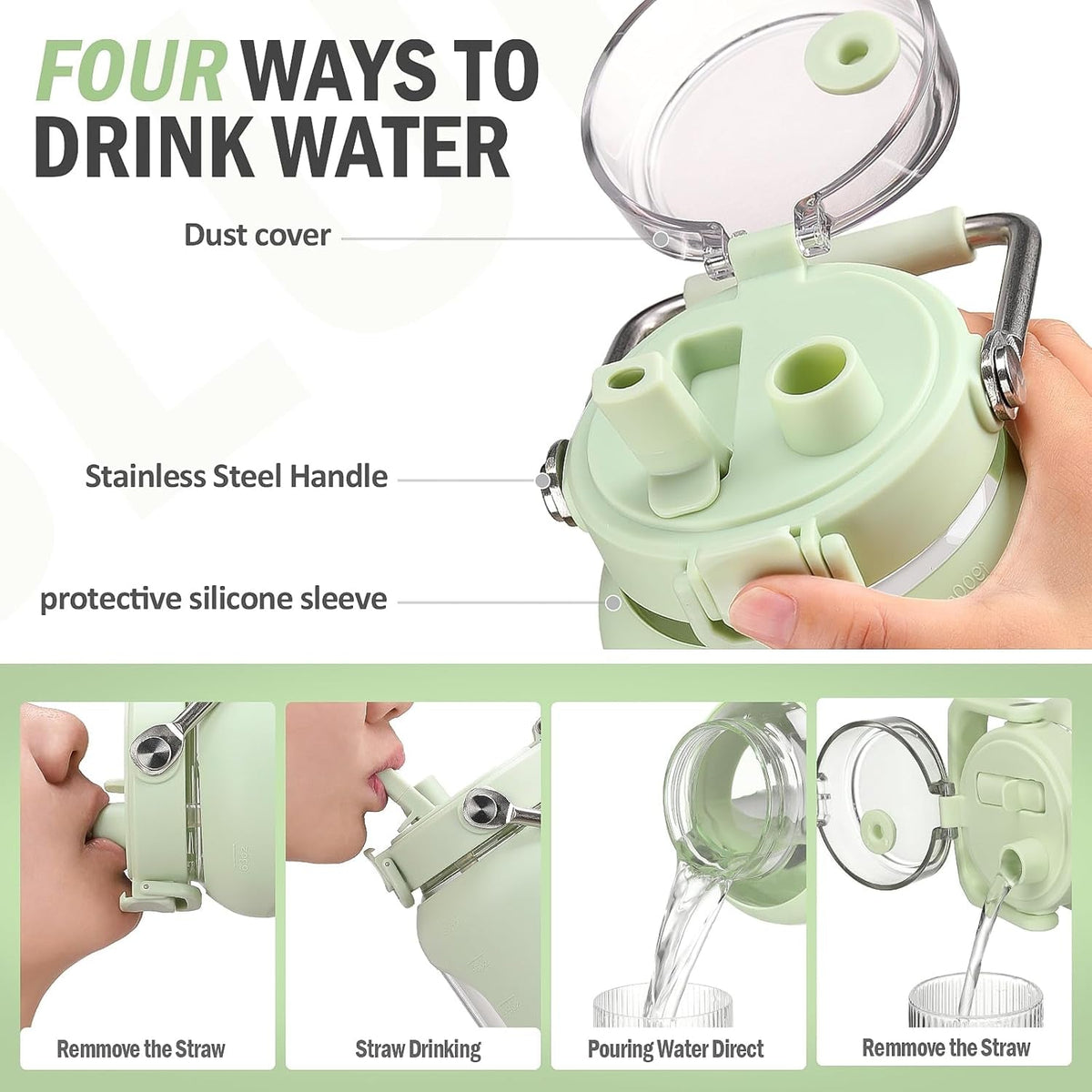 84Oz Water Bottle Glass with Stainless Steel Handle Large Water Bottle with Time Markers and Silicone Sleeve Half Gallon Water Jug BPA Free for Gym Daily Use, Light Green