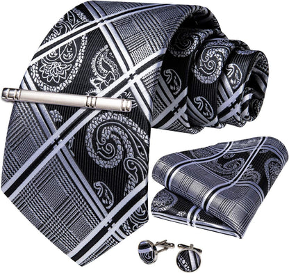 Plaid Ties for Men Silk Checkered Necktie and Pocket Square Cufflinks Tie Clip Set with Gift Box for Wedding Business