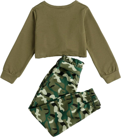 Cute Clothes for Girls Sweatsuit 2 Piece Outfits Kids Twist Front Crop Top Camo Sweatpants Tween Girls Clothing Set