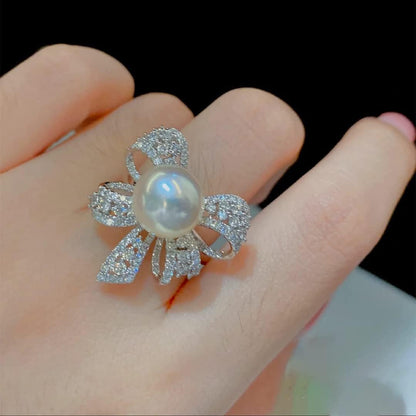 Elegant Bow Knot Pearl Rings for Women Rhinestone CZ Crystal Butterfly Tie Open Statement Ring Promise Engagement Rings Anniversary Wedding Band Jewelry