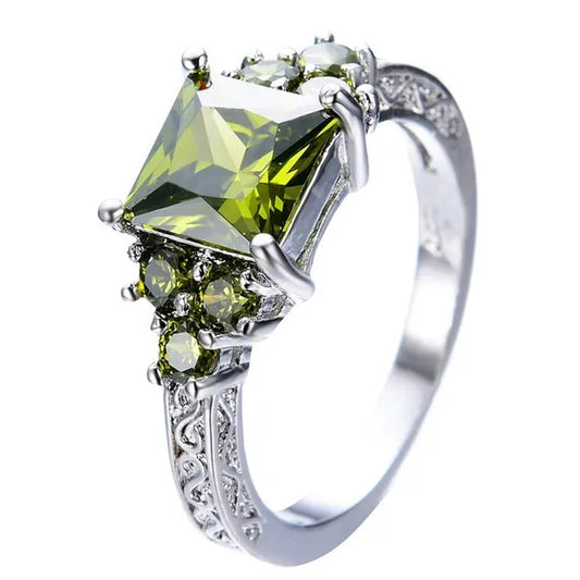 Unique Princess Cut Peridot Sapphire 925 Silver Platinum Ring Exquisite Dainty Ring Size 5-11