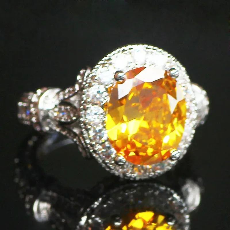 Luxurious  Silver Natural Gemstones Yellow Diamond Topaz Wedding Birthstone Bride Flower Engagement Ellipse Ring Jewelry Size 678910