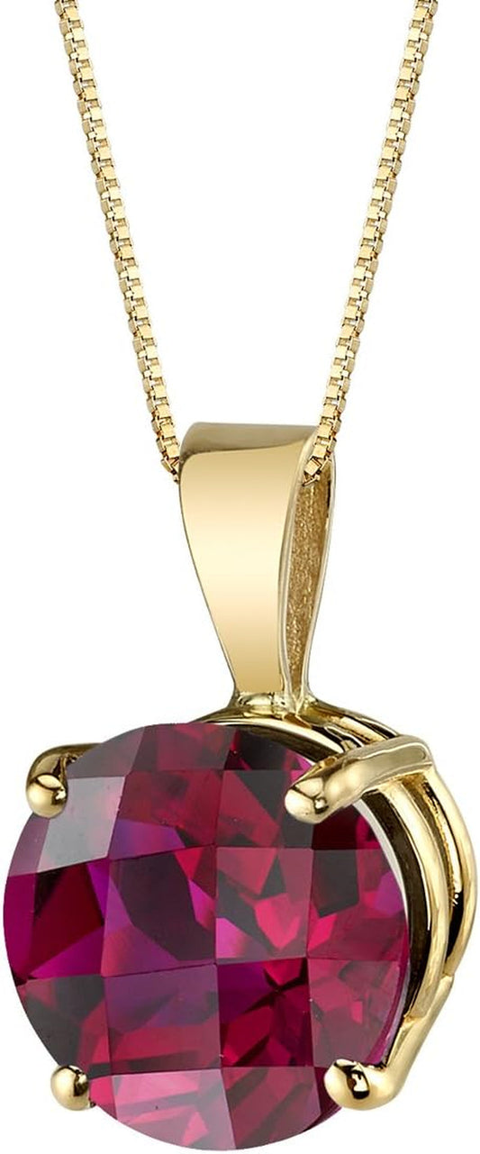 14K Yellow Gold Created Ruby Pendant for Women, Classic Solitaire, 2.50 Carats round Shape 8Mm, Valentine'S Gift for Her, Wife, Sister Valentines Gift for Women, Sparkling V-Day Gift
