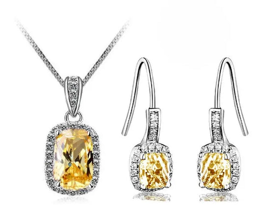 18K White Gold GP AAA CZ Zircon Citrine Pendant Necklace Earrings Princess Cut Drop Earring Jewellery Set