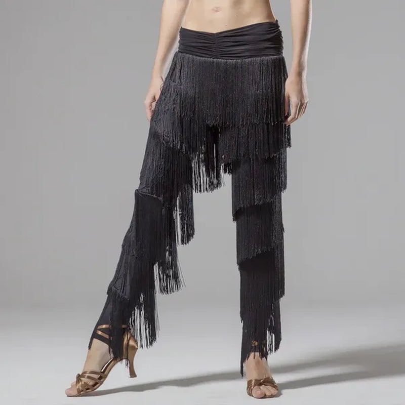 Womens Adult Dancewear Latin Rumba Cha Cha Samba Belly Dance Tassel Fringe Pants Trousers Black