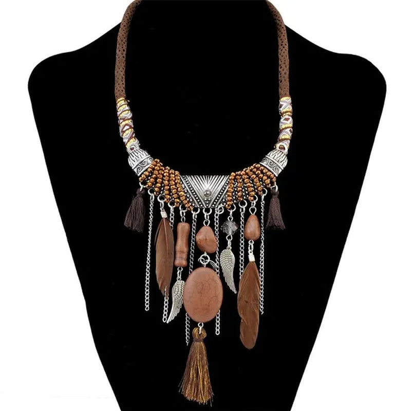 Bohemian Fashion Silver Plated Leather Chain Resin Beads Natrual Stone Feather Tassel Necklace Jewelry