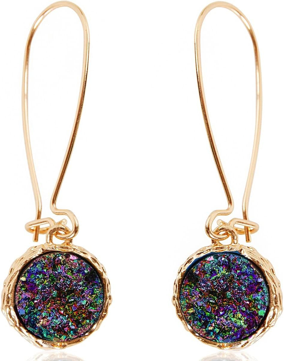 Humble Chic Simulated Druzy Threader Drop Earrings for Women - Gold, Silver, or Rose Gold Tone Trendy Boho Dangles with Sparkly Round Stone