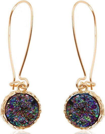 Humble Chic Simulated Druzy Threader Drop Earrings for Women - Gold, Silver, or Rose Gold Tone Trendy Boho Dangles with Sparkly Round Stone