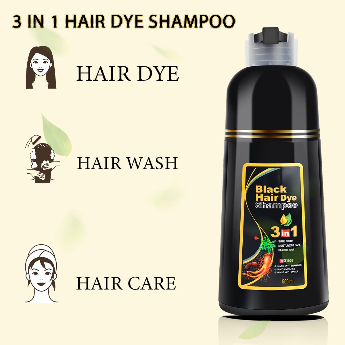 Black Hair Dye Shampoo 3 in 1 for Gray Hair, Hair Color Shampoo for Women and Men, Instant Shampoo Hair Dye-100% Grey Hair Coverage (16.9 Fl Oz)
