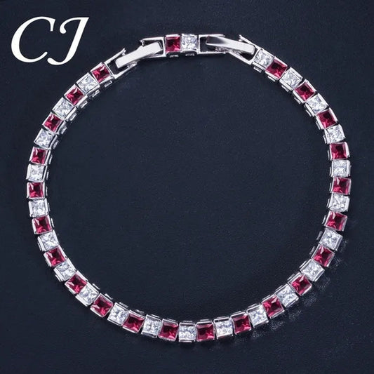 CANDICE Elegant Red Cubic Zirconia Setting Square Women Chain Bracelet Bangle for Birthday Gift