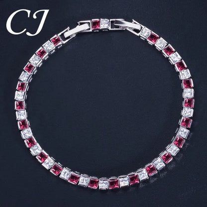 CANDICE Elegant Red Cubic Zirconia Setting Square Women Chain Bracelet Bangle for Birthday Gift
