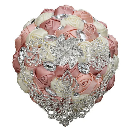 21CM Creative Ribbon Silk Rose Bride Holding Flowers Rhinestone Brooch Tassel Wedding Bouquet Wedding Party Bridal Bouquet Photography Props