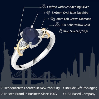 10K Yellow Gold and 925 Sterling Silver Blue Sapphire and White Lab Grown Diamond Engagement Ring for Women | 1.88 Cttw | Oval 8X6MM | Ring Size 5-9