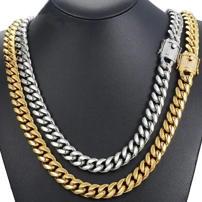 Men's Fashion 24K Gold/925 Silver Plated Solid 316L Stainless Steel Jewelry Shiny Diamond 1/2PCS Necklace Bracelet Miami Cuban Link Chain for Men 8/20/22/24/28/35inch