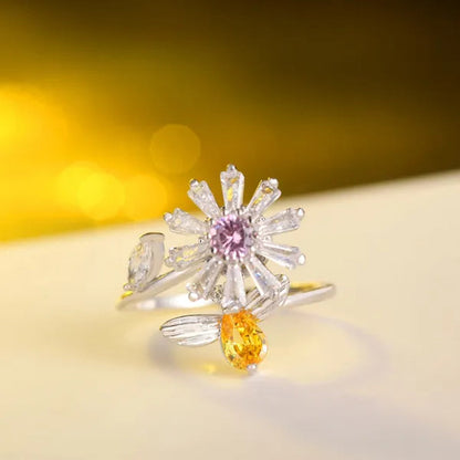 Flower Bees  Silver Multicolor Creative Sweet Cute Princess Rings Daisy Opening Ring Adjustable Ring Anniversary Statement Natural Gemstones Pink Sapphire White Sapphire Ring
