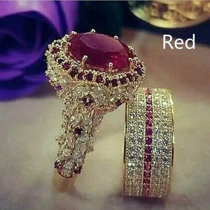 2pcs/Set Luxury Exquisite Rings Fashion Jewelry Women's Gold Plated Ring Green Cubic Zirconia Ring Set Wedding Bridal Engagement Ring Set Anniversary Party Christmas Gift Ring Set Jewelry Size US 5-11