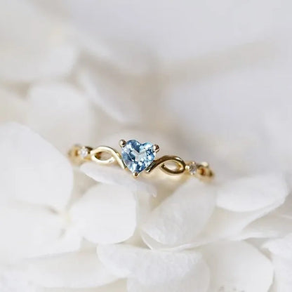 Women Dainty 18k Gold plated Seablue Eternal Heart Shaped Sapphire Diamond Gemstone Ring