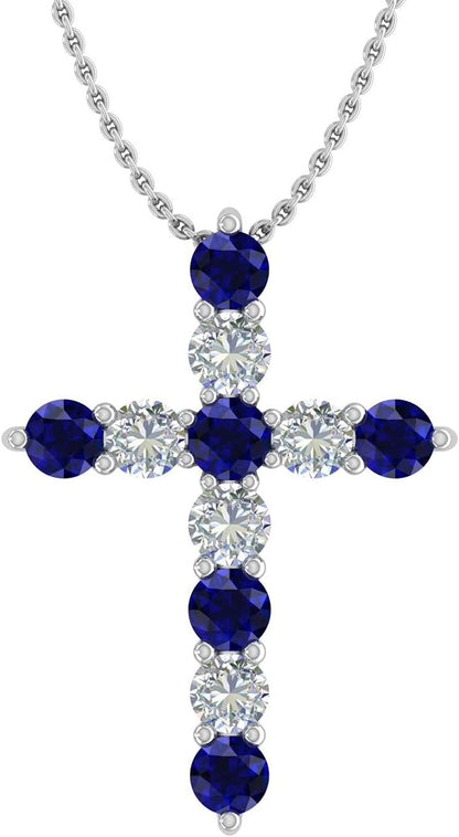2 Carat Blue Sapphire & White Diamond Cross Pendant Necklace in 14K Gold (Silver Chain Included)