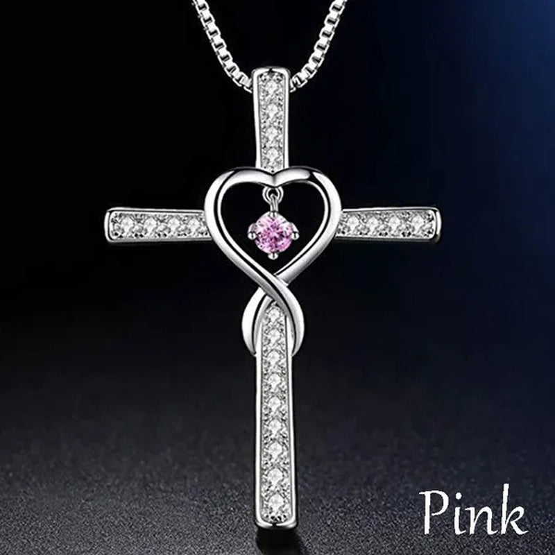 Infinity Love God We Trust Christian Cross Birthstone Diamond Rhinestone Pendant Necklace Birthday Gifts Jewelry For Women Christmas Girls