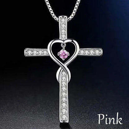 Infinity Love God We Trust Christian Cross Birthstone Diamond Rhinestone Pendant Necklace Birthday Gifts Jewelry For Women Christmas Girls