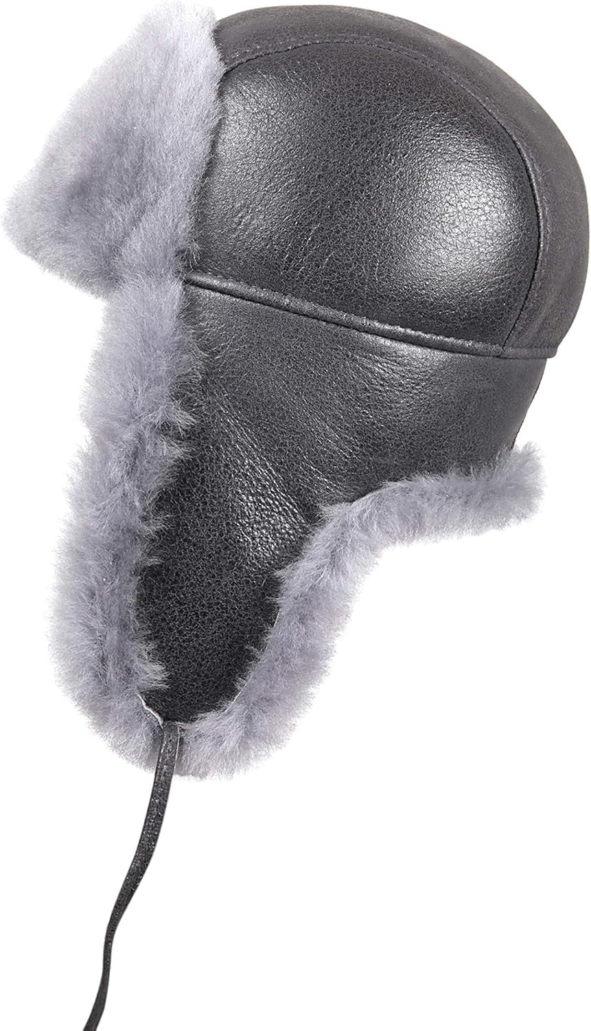 Leather Aviator Shearling Ushanka Trapper Hat Russian Sheepskin Cap Real Fur Winter Hat with Ear Flaps for Men Women