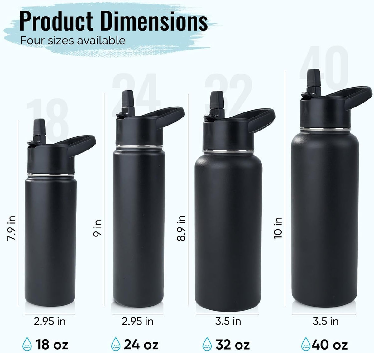 Stainless Steel Water Bottle with Straw & Wide Mouth Lid, Wide Rotating Handle, 24Oz Double Wall Vacuum Insulated Water Bottle Leak Proof, BPA Free, Keep Cold and Hot, 24Oz, Black