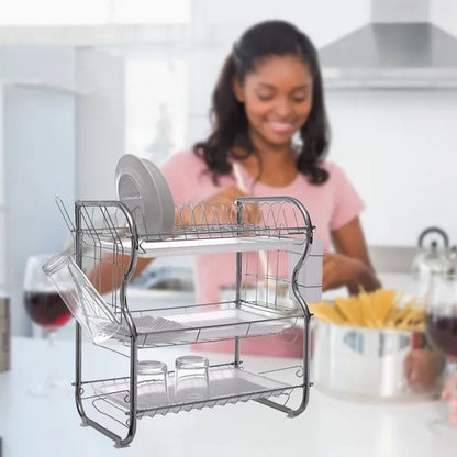Dish Drying Rack 3-Tier Dish Drainer Rack Kitchen Storage with Drainboard and Cutlery Cup Dish Shelf Tableware Holder