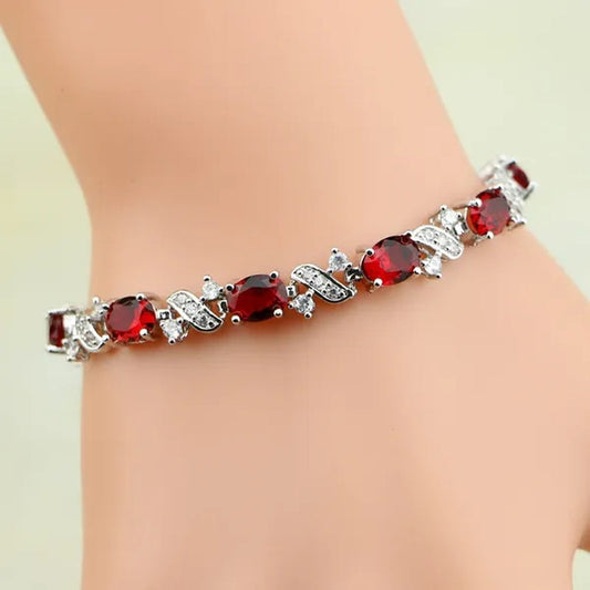 Trendy Oval Red Ruby white Topaz 925 Silver Bracelets Charm For Women