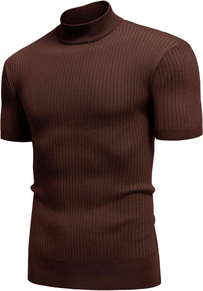 Men's Mock Turtleneck Sweater Short Sleeve Casual Basic Pullover Sweater Ribbed Knit Pullover Solid Tee