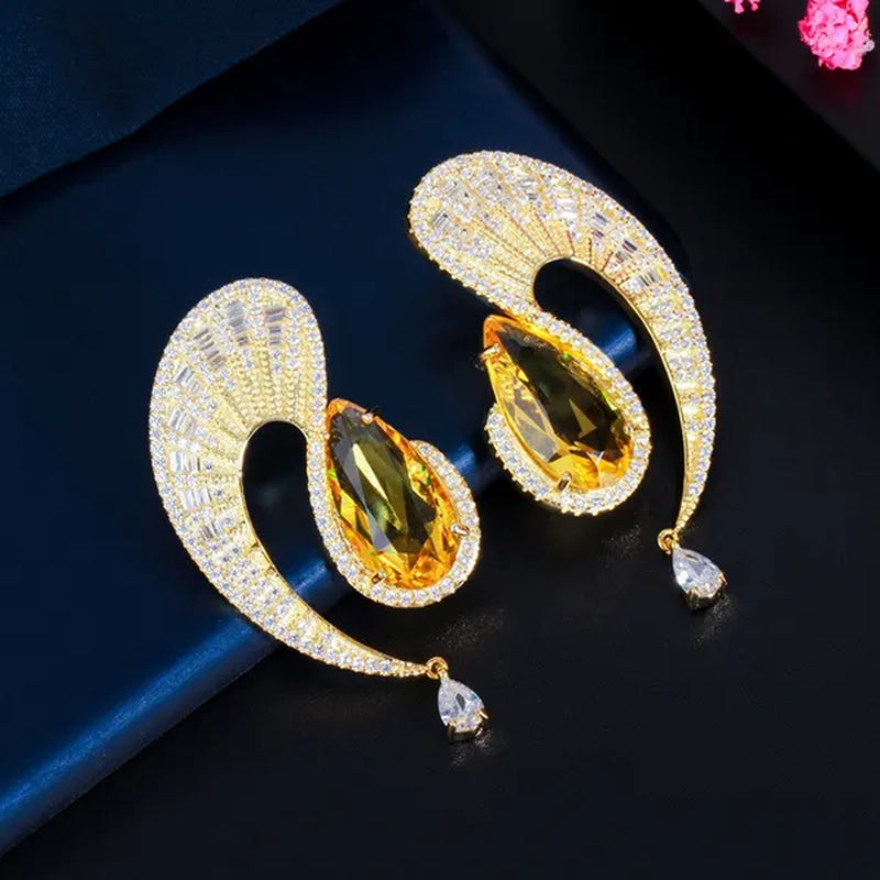CANDICE Gorgeous 18K Gold Plated Inlay Pear Cut Citrine Stone Big Geometric Stud Earrings Jewelry for Female Dress Accessories