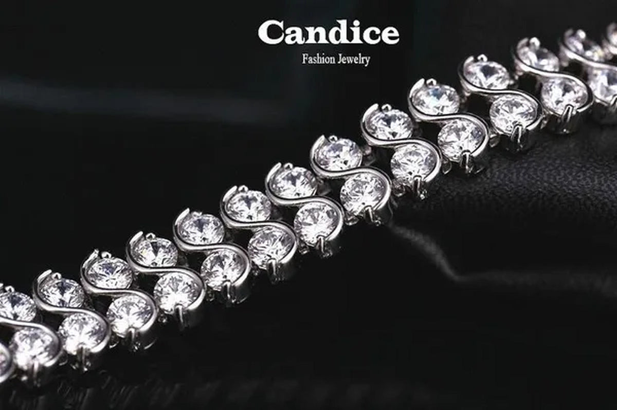 CANDICE Elegant 2 Row Cubic Zirconia Design Sterling Silver Plated Tennis Bracelet& Bangle for Women Gift