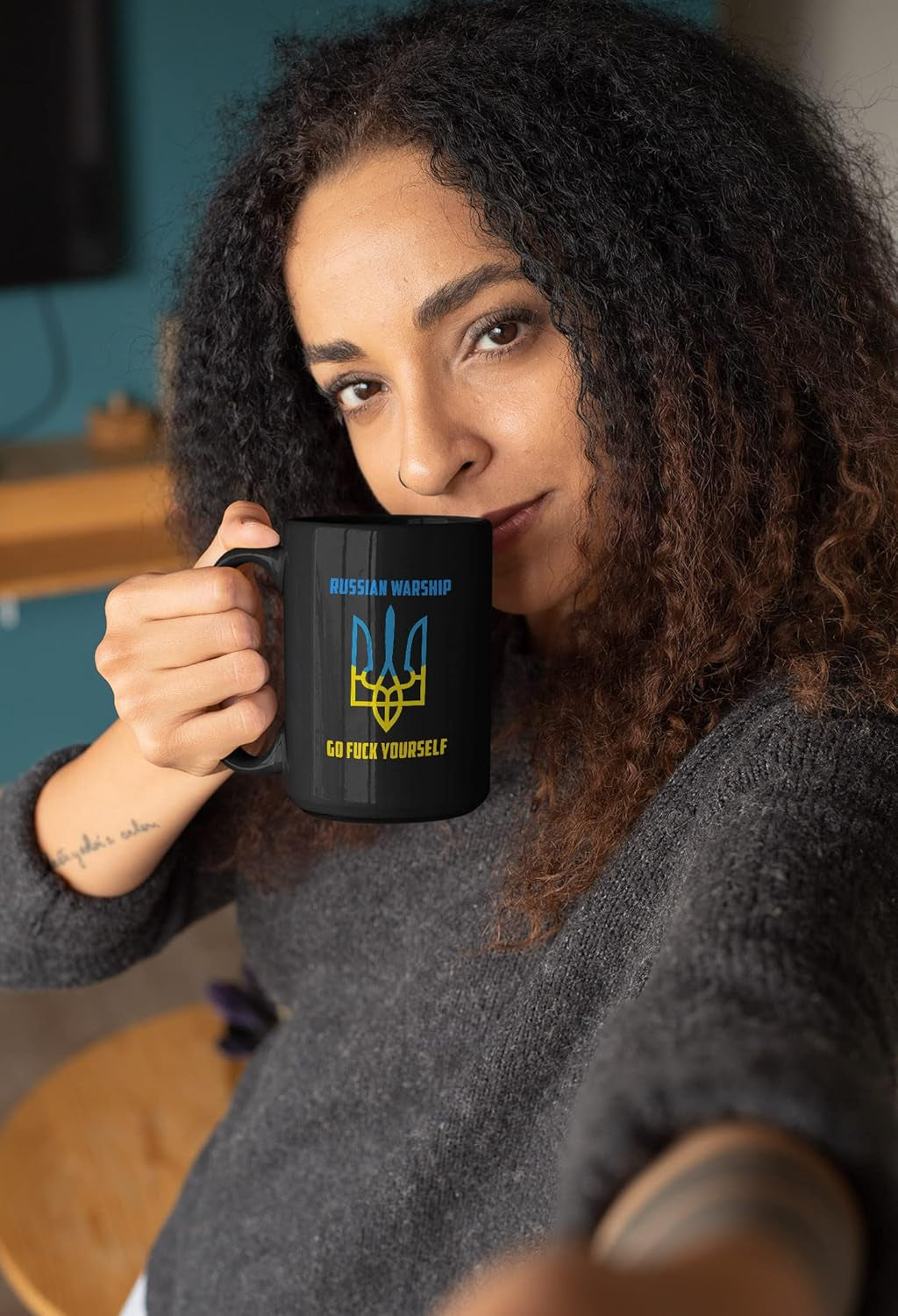 Design Ukraine'S Symbol Works with Russian Warship Go F-Ck Yourself Mug 15 Oz Black