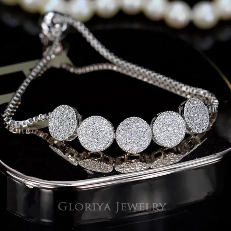 Gloriya Glitter 5 Pcs Round Shaped Full Micro Inlay Tiny CZ Zirconia Designer Bar Slider Bracelet Women Jewelry With White Gold Plated（Size :Adjustable）