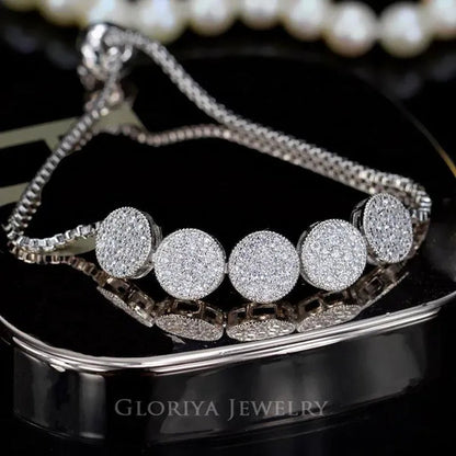 Gloriya Glitter 5 Pcs Round Shaped Full Micro Inlay Tiny CZ Zirconia Designer Bar Slider Bracelet Women Jewelry With White Gold Plated（Size :Adjustable）