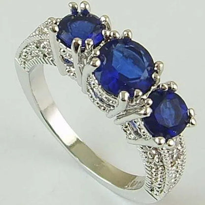 925 Sterling Silver Three Stone Emerald Ruby Sapphire Wedding Piercing Ring