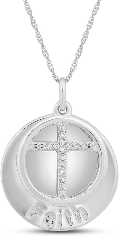Sterling Silver round Natural White Diamonds Faith Beaded Message Cross Pendant Necklace, 18" Rope Chain