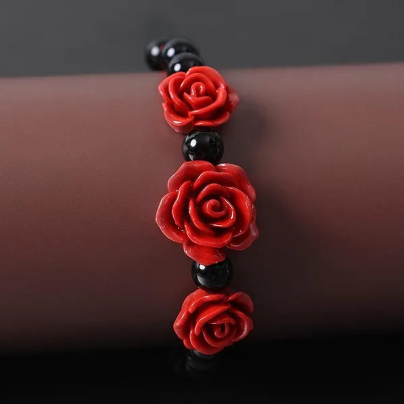 1/3pcs Fashion Women Rose Bracelet Ethnic Handicraft Lacquer Carved Cinnabar Rose Flower Bracelet For Women Red Rope Beaded Bracelet