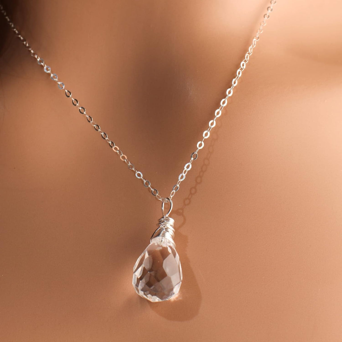 Clear Rock Crystal Quartz 12X17Mm Faceted Briolette Drop Wire Wrapped Gemstone Pendant Necklace in 925 Sterling Silver Chain and Clasp (24")