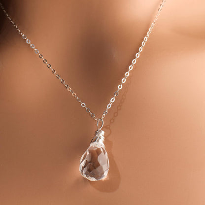 Clear Rock Crystal Quartz 12X17Mm Faceted Briolette Drop Wire Wrapped Gemstone Pendant Necklace in 925 Sterling Silver Chain and Clasp (24")
