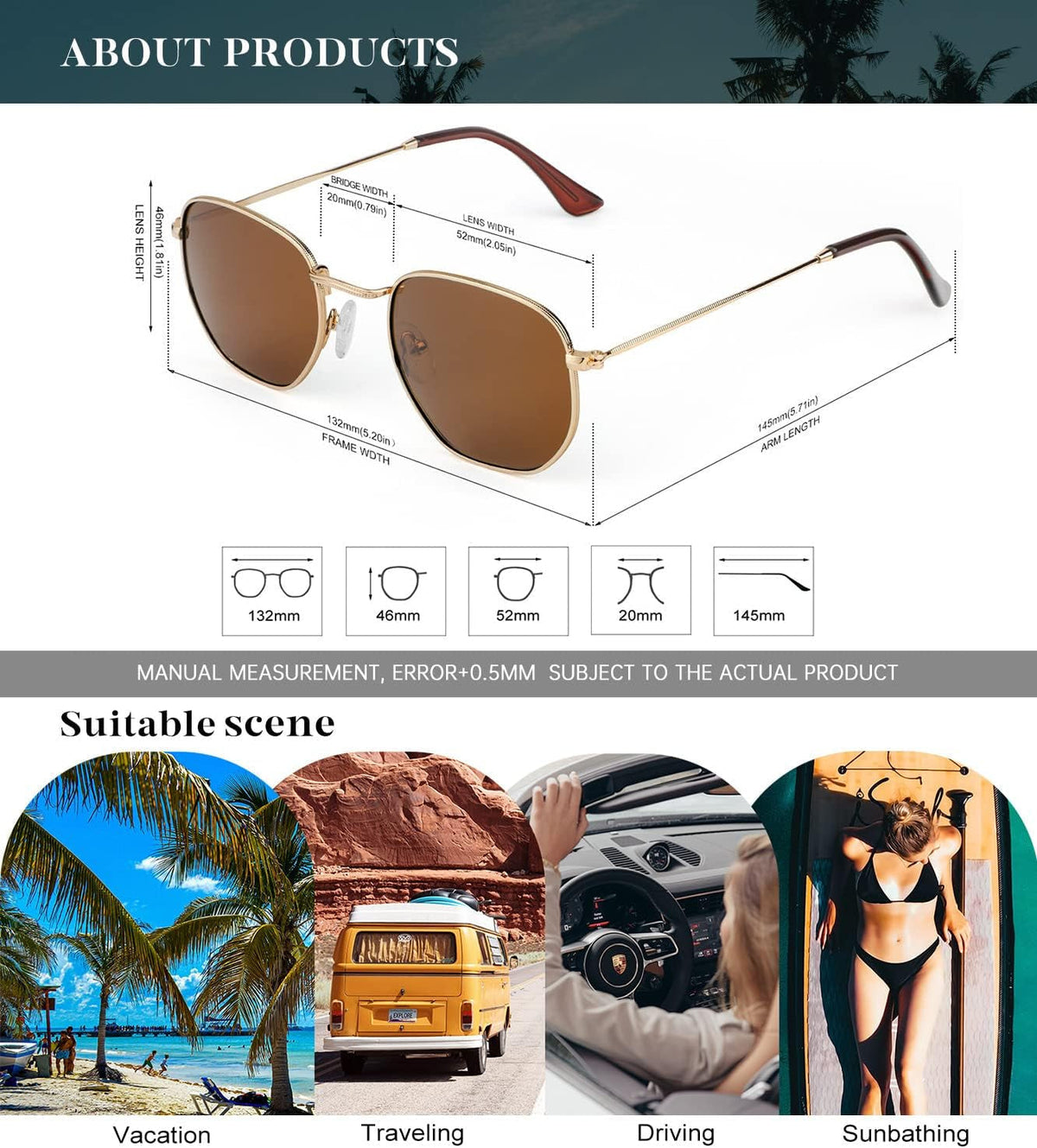 Sunglasses for Women and Men, Polarized Square UV Protection, Trendy Metal Frame Hexagon Sunglasses