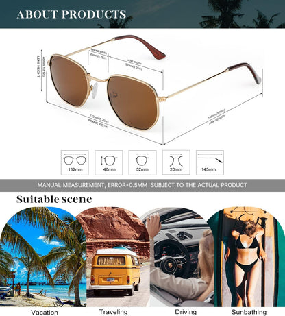 Sunglasses for Women and Men, Polarized Square UV Protection, Trendy Metal Frame Hexagon Sunglasses