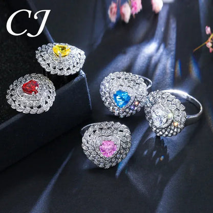 CANDICE 3pcs Love Jewelry Set Micro White CZ Pave Heart Red Crystal Romantic Party Necklace Earrings Ring Sterling Silver Plated Sets for Women Girl Gifts