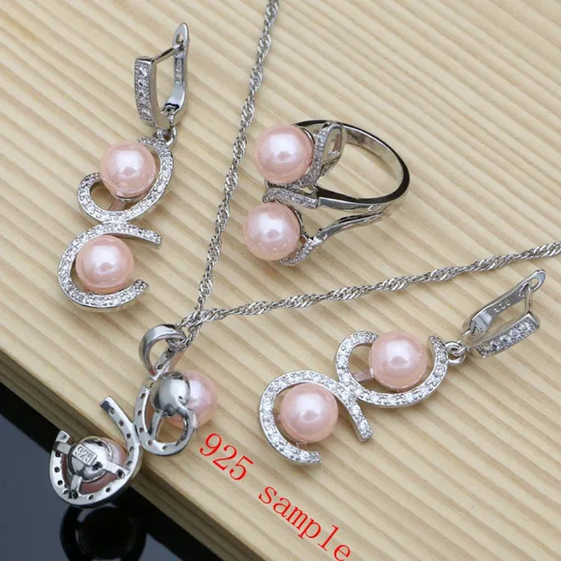 Luxury Silver 925 Jewelry Sets for Women Shiny Pink Pearl Bracelet Topaz Earrings Ring Necklace Sets Gift for Her Dropshipping