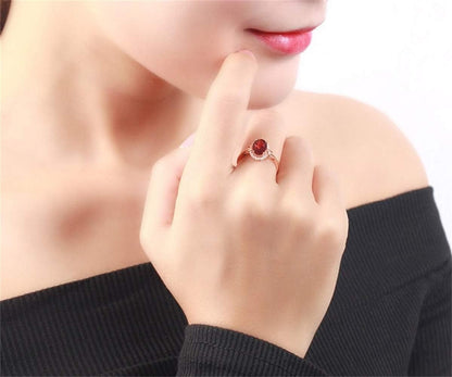 Fashion Jewelry 18K Rose Gold Classic Ring Oval Cut Ruby Birthstone Solitaire Halo Ring AAA Cubic Zirconia Ring CZ Diamond Heart Shape Anniversary Eternity Engagement Wedding Band for Women