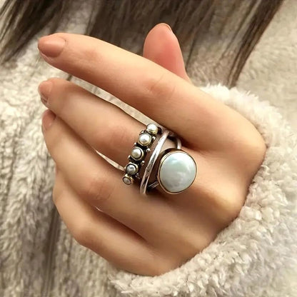 Unique Vintage 10 Mm Simulated Pearl Ring for Women Fake 3-Piece Ring Set 3 Layer Interlocked Ring Entwined Line with Stacking Rings Wedding Band Statement Cocktail Index Finger Rings 10#